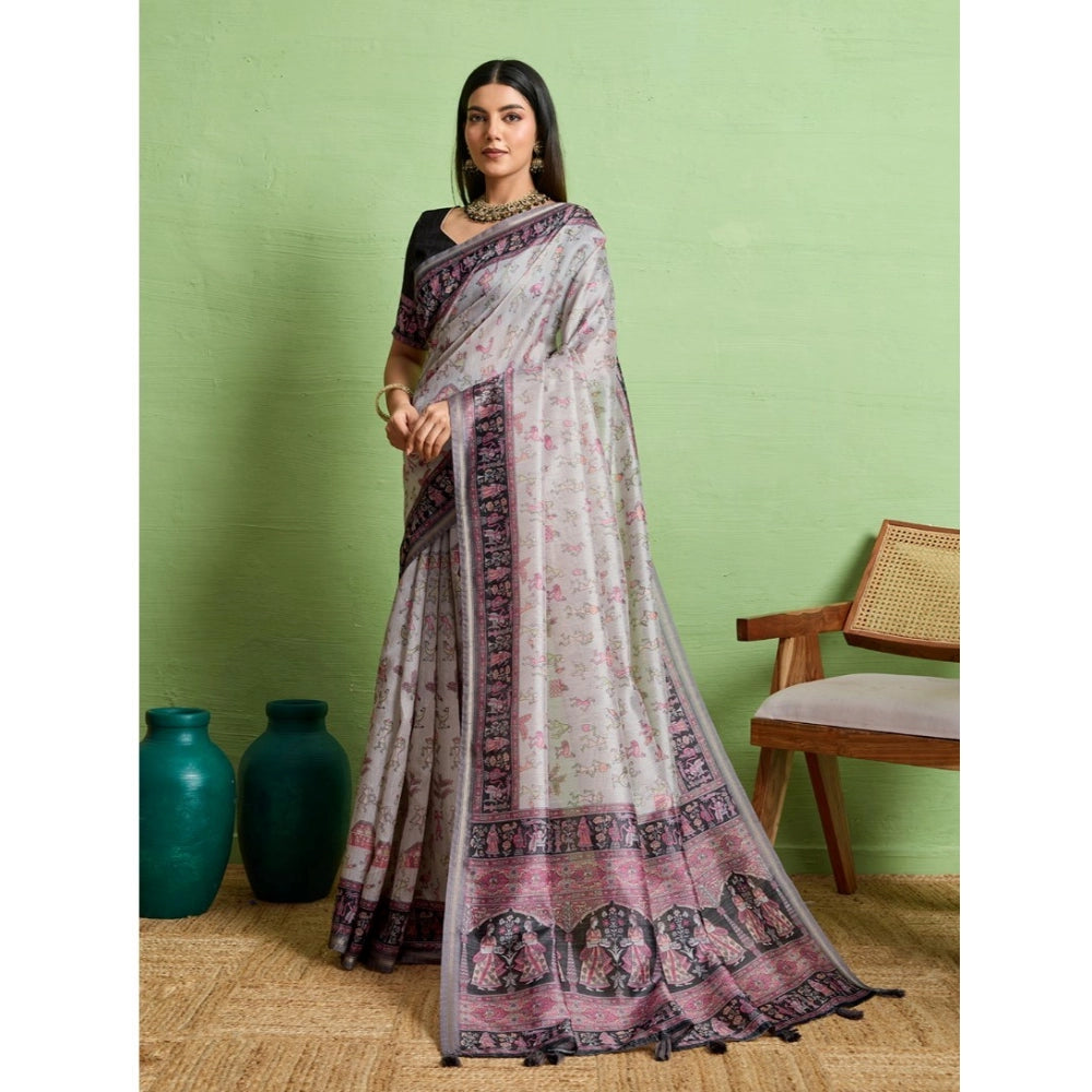 Generic Women's Silk Blend Printed Saree With Unstitched Blouse 5.5Mtr (Grey)