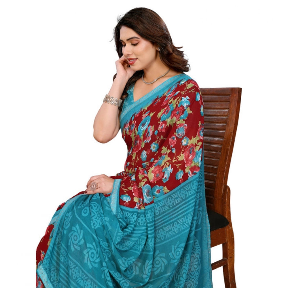 Generic Women's Georgette Printed Saree With Unstitched Blouse 5.5Mtr (Maroon)