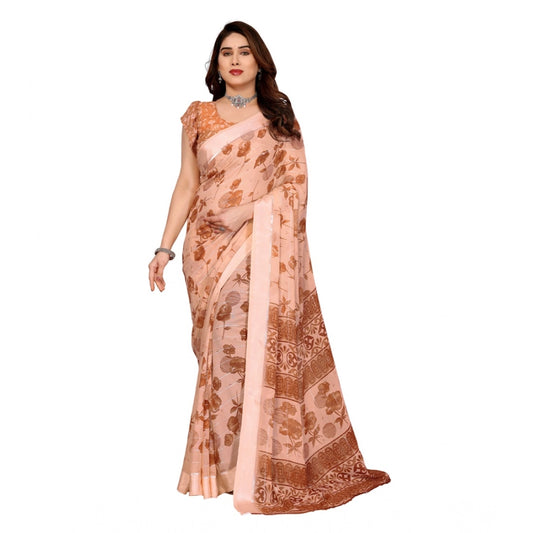 Generic Women's Georgette Printed Saree With Unstitched Blouse 5.5Mtr (Brown)