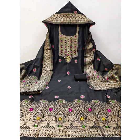 Generic Women's Banarasi Silk Printed Unstitched Salwar Suit Material With Dupatta (Black, 3Mtrs)