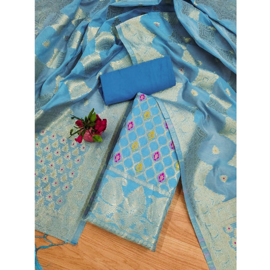 Generic Women's Banarasi Silk Printed Unstitched Salwar Suit Material With Dupatta (Sky Blue, 3Mtrs)