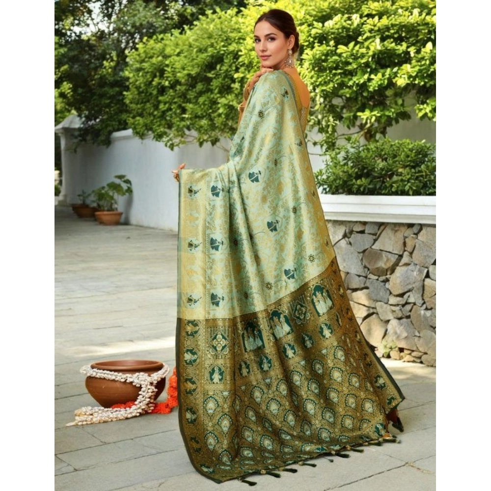 Generic Women's Silk Blend Woven Paithani Saree With Unstitched Blouse 5.5Mtr (Mahendi)