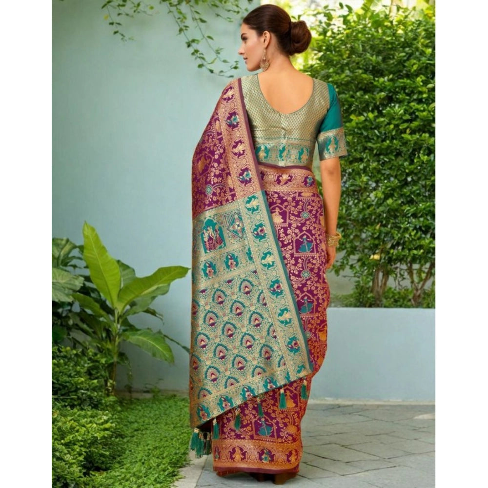 Generic Women's Silk Blend Woven Paithani Saree With Unstitched Blouse 5.5Mtr (Purple)