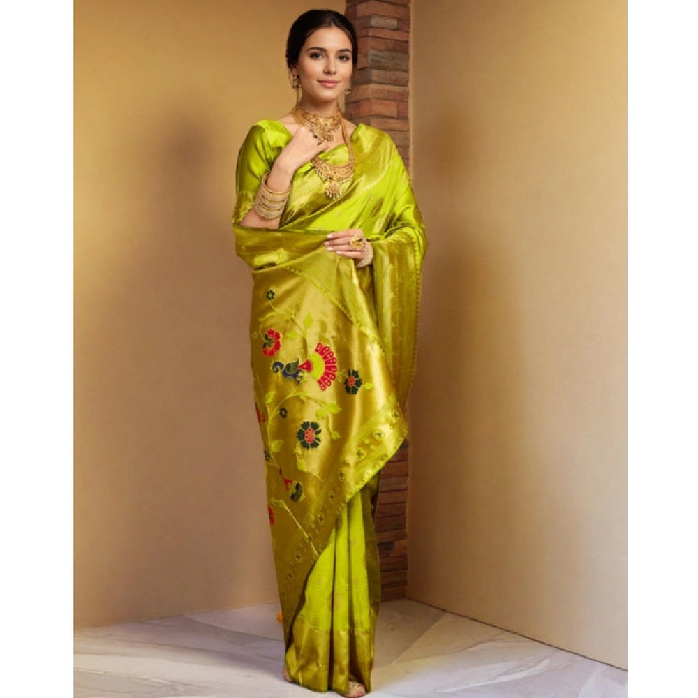 Generic Women's Silk Blend Paithani Saree With Unstitched Blouse 5.5Mtr (Lime Green)
