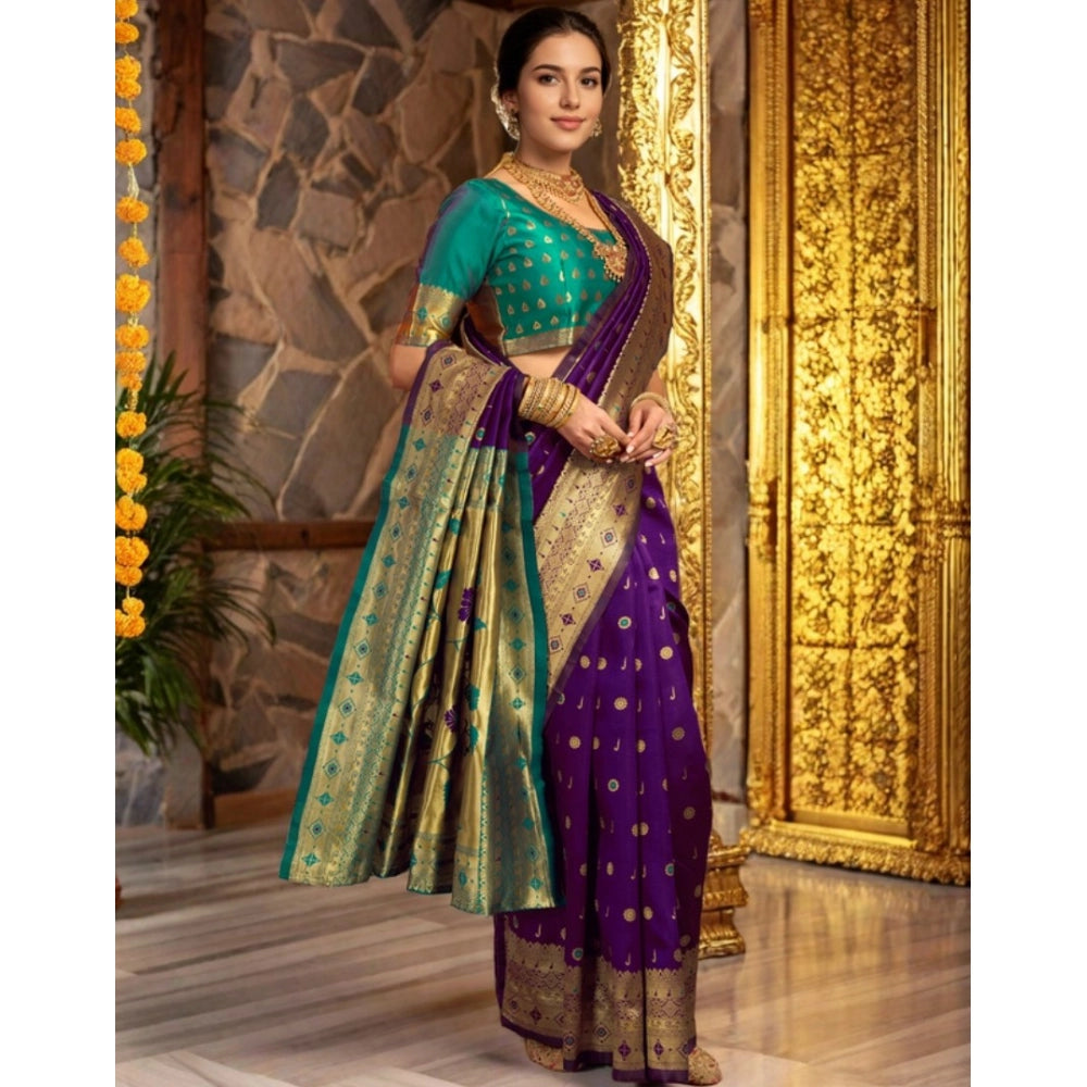 Generic Women's Silk Blend Zari Weaving Saree With Unstitched Blouse 5.5Mtr (Purple)