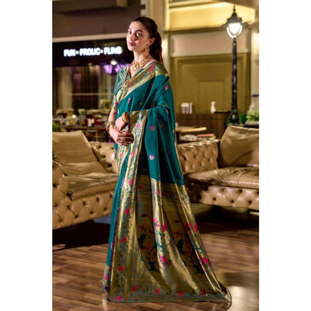 Generic Women's Silk Blend Zari Woven Saree With Unstitched Blouse 5.5Mtr (Teal)