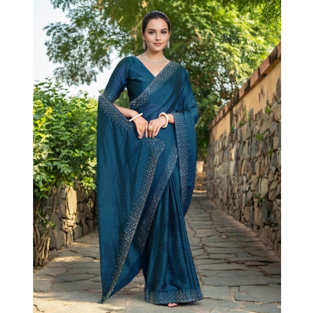 Generic Women's Rangoli Diamond Weaving - Stone Work Saree With Unstitched Blouse 5.5Mtr (Teal)
