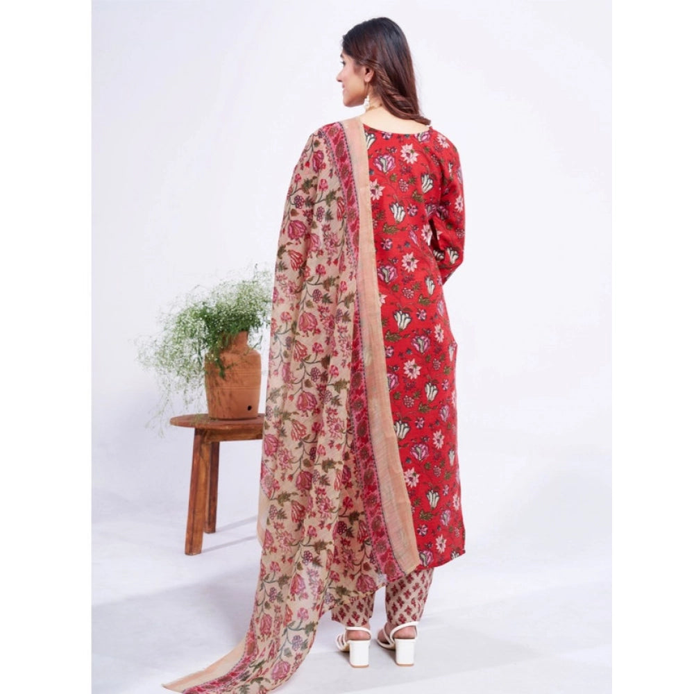Generic Women's Cotton Blend Printed Kurti With Pant Dupatta Set (Red)