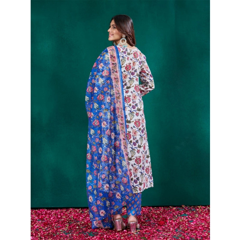 Generic Women's Cotton Blend Printed Kurti With Pant Dupatta Set (Multicolor)