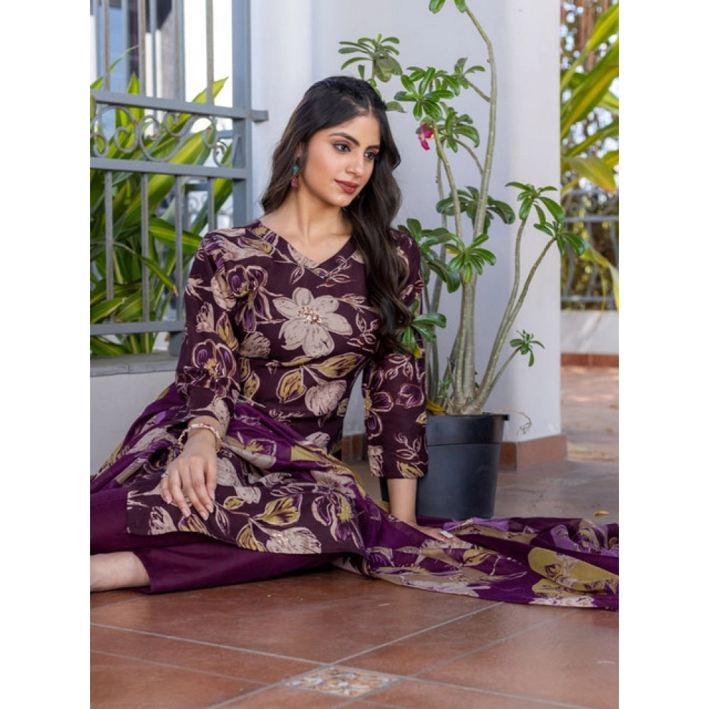 Generic Women's Cotton Blend Printed Kurti With Pant Dupatta Set (Purple)