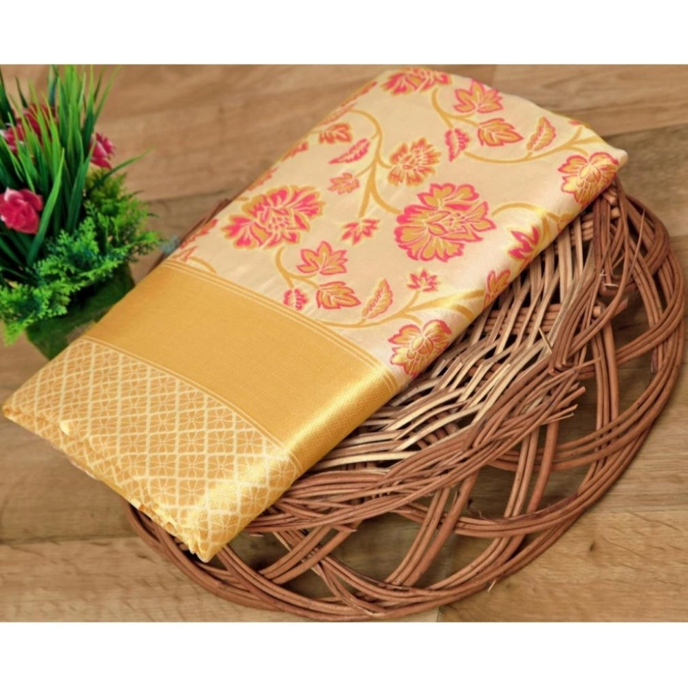Generic Women's Soft Lichi Silk Printed Saree With Unstitched Blouse 5.5Mtr (Gold)