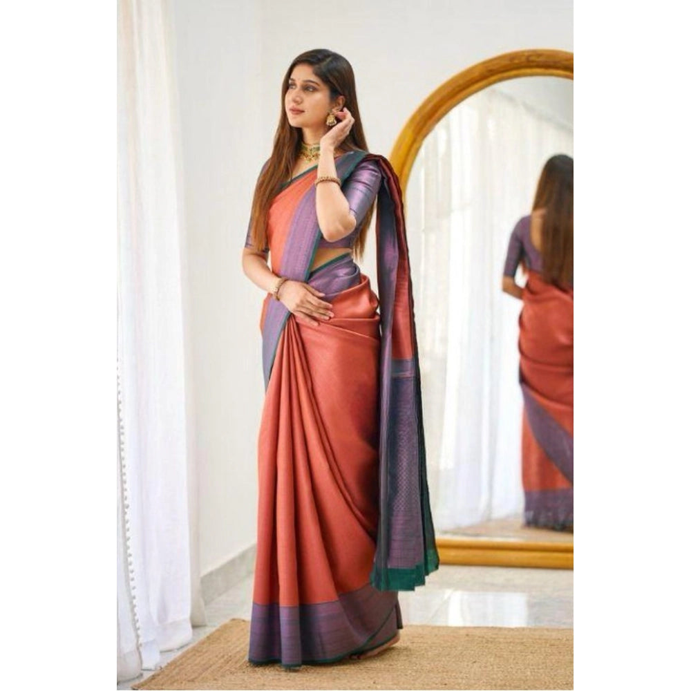 Generic Women's Soft Lichi Silk Printed Saree With Unstitched Blouse 5.5Mtr (Orange)