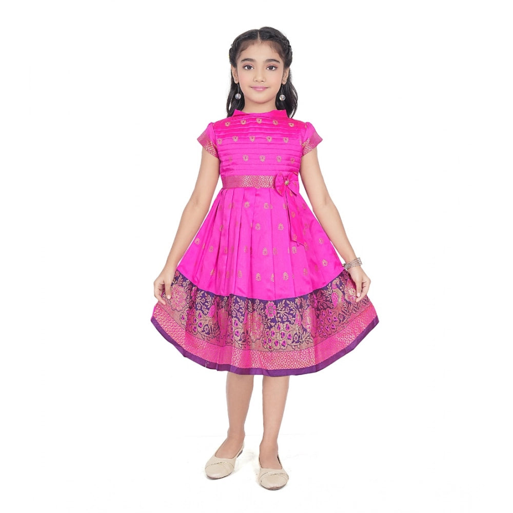 Generic Girl's Brocket Silk Printed Short Sleeve Close Neck Dress (Rani Pink)