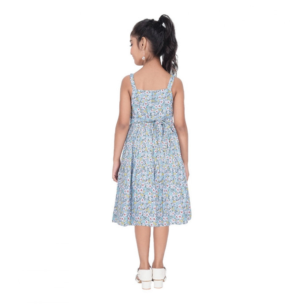 Generic Girl's Cotton Printed Sleeve Less Squre Neck Dress (Multicolor)