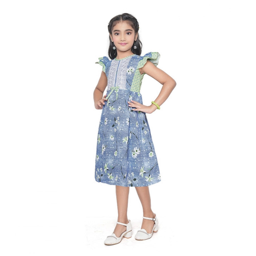 Generic Girl's Twill Printed Short Sleeve Round Neck Dress (Green)