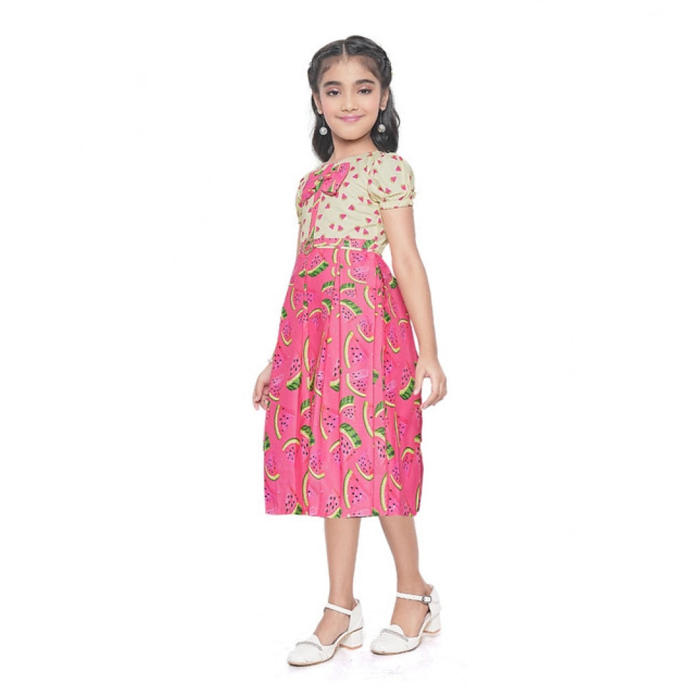 Generic Girl's Twill Printed Short Sleeve Round Neck Dress (Pink)
