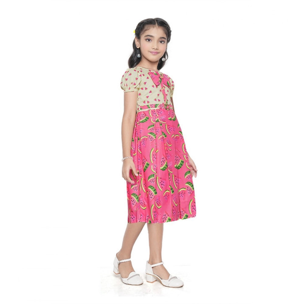 Generic Girl's Twill Printed Short Sleeve Round Neck Dress (Pink)