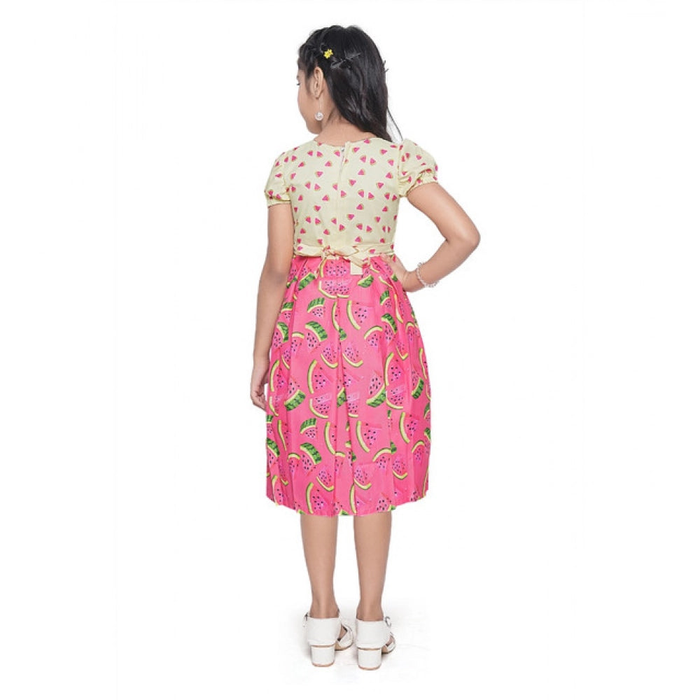 Generic Girl's Twill Printed Short Sleeve Round Neck Dress (Pink)