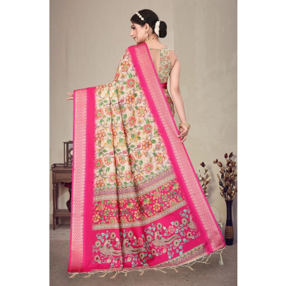 Generic Women's Cotton Silk  Printed Saree With Unstitched Blouse 5.5Mtr (Pink)