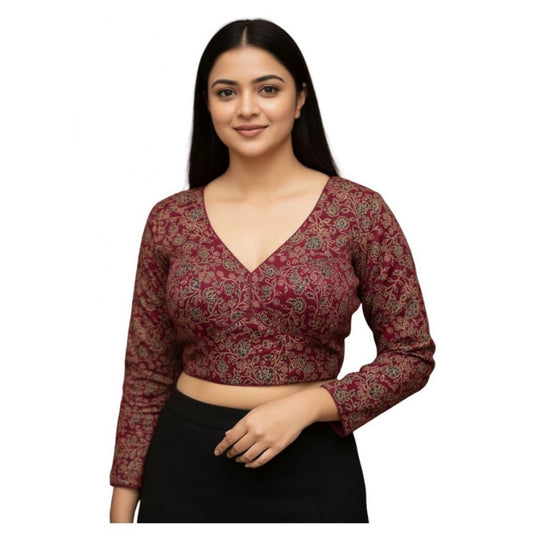 Generic Women's Ajrakh Cotton Printed V-Neck Padded Blouse (Maroon 38 Ready (Self Alterable 36–40)