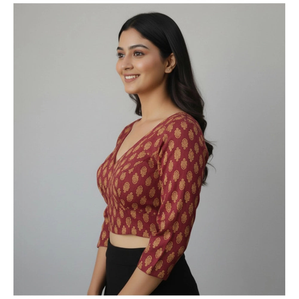 Generic Women's Ajrakh Cotton Printed Halter Neck Padded Blouse (Maroon 38 Ready (Self Alterable 36–40)