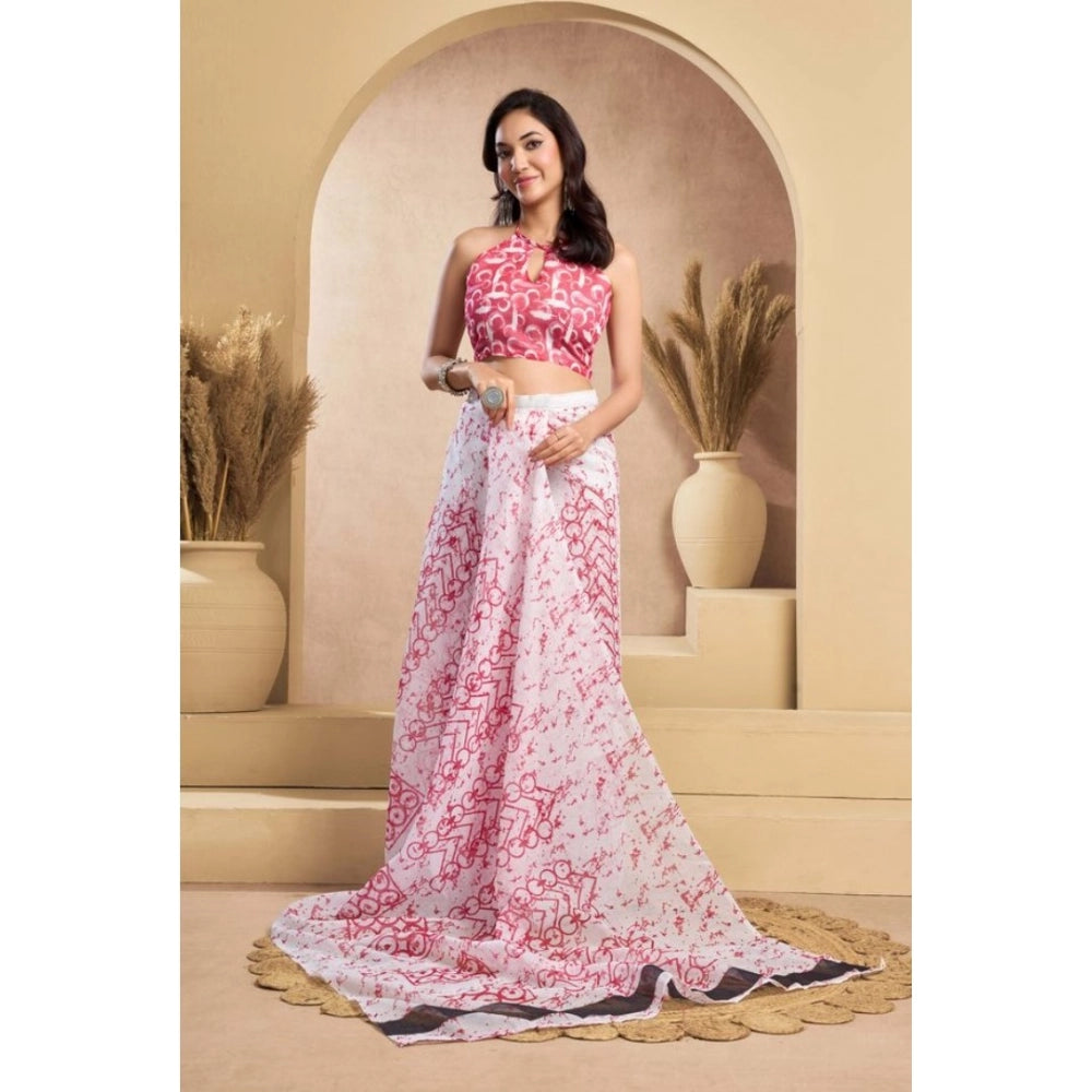 Generic Women's Faux_Linen Printed Ready-to-Wear Saree With Unstitched Blouse 5.5 Mtr (Pink)