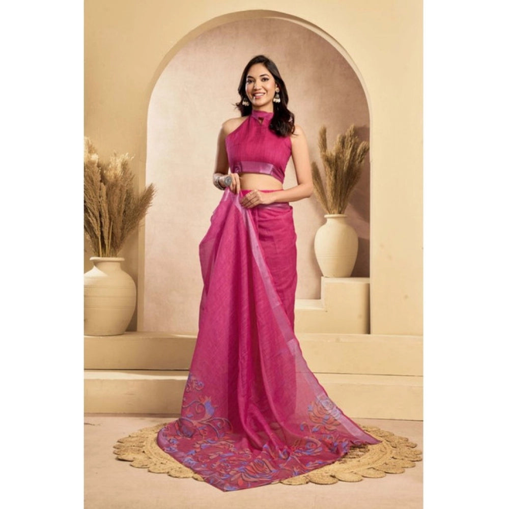 Generic Women's Faux_Linen Printed Ready-to-Wear Saree With Unstitched Blouse 5.5 Mtr (Pink)