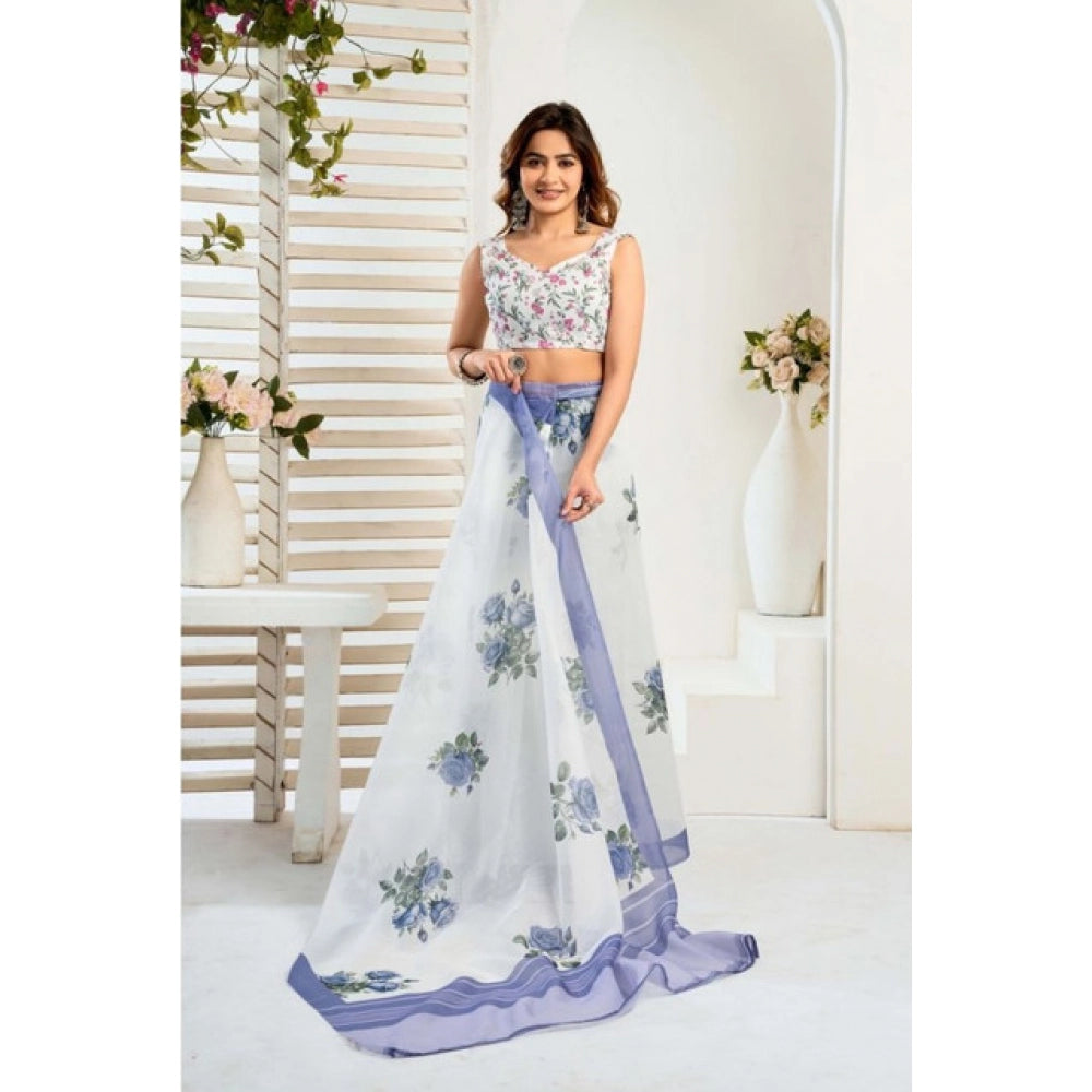 Generic Women's Faux_Linen Printed Ready-to-Wear Saree With Unstitched Blouse 5.5 Mtr (White)