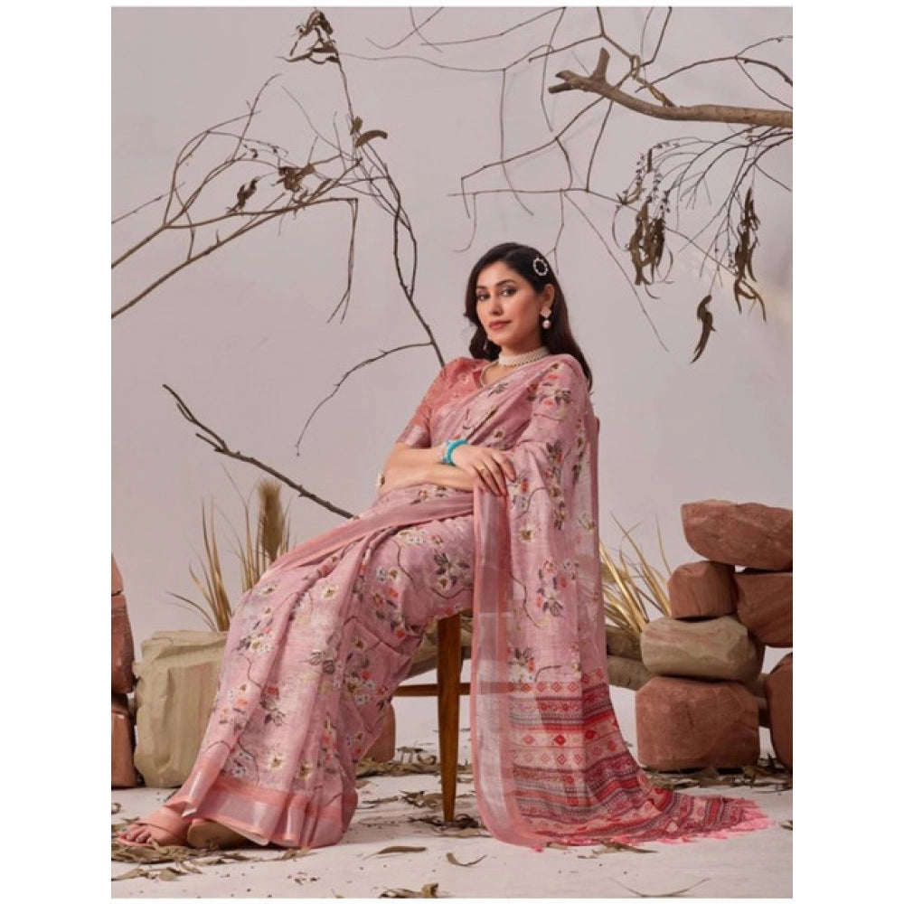 Generic Women's Faux_Linen Printed Saree With Unstitched Blouse 5.5Mtr (Mauve)