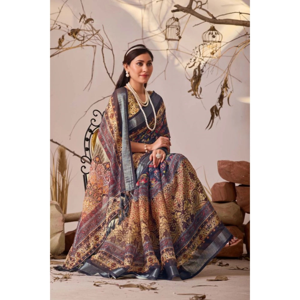 Generic Women's Faux_Linen Printed Saree With Unstitched Blouse 5.5Mtr (Navy_Blue)