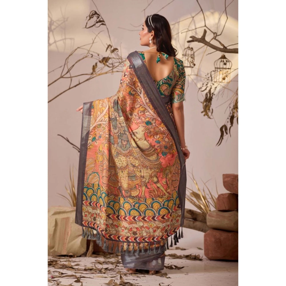 Generic Women's Faux_Linen Printed Saree With Unstitched Blouse 5.5Mtr (Orange)