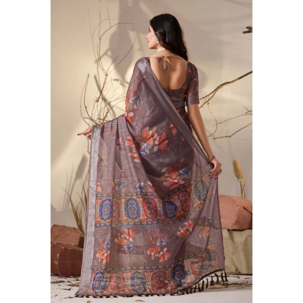 Generic Women's Faux_Linen Printed Saree With Unstitched Blouse 5.5Mtr (Light_Brown)