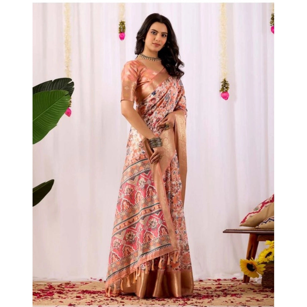 Generic Women's Faux_Silk Printed Saree With Unstitched Blouse 5.5Mtr (Peach)
