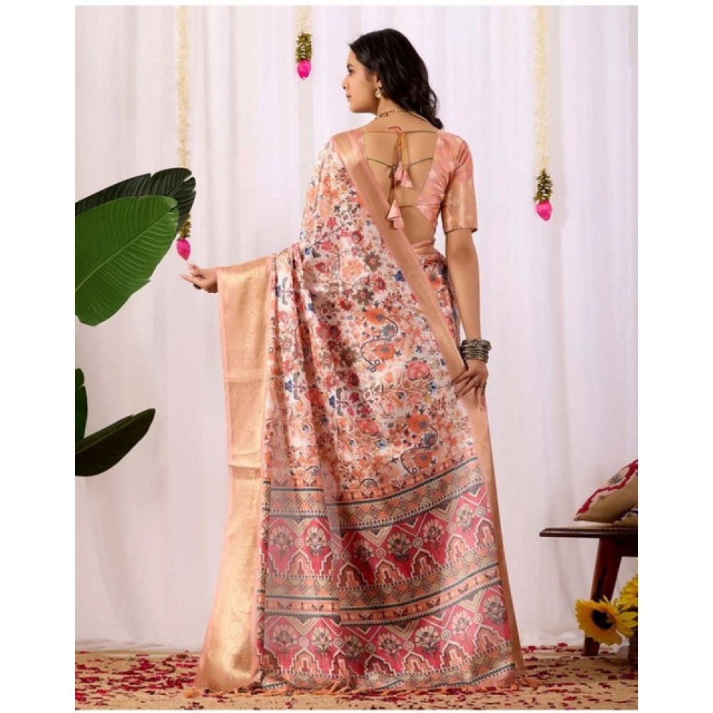 Generic Women's Faux_Silk Printed Saree With Unstitched Blouse 5.5Mtr (Peach)