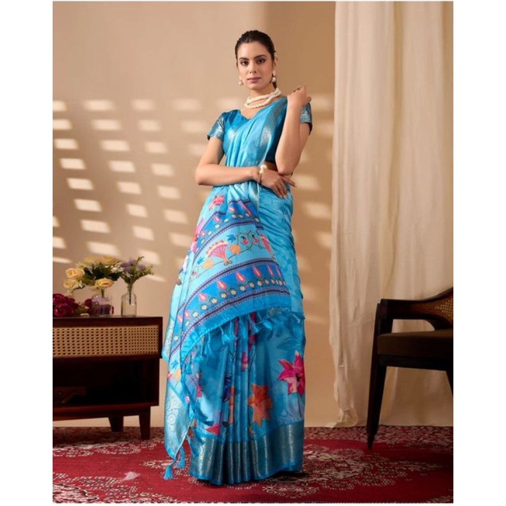 Generic Women's Faux_Silk Printed Saree With Unstitched Blouse 5.5Mtr (Sky_Blue)