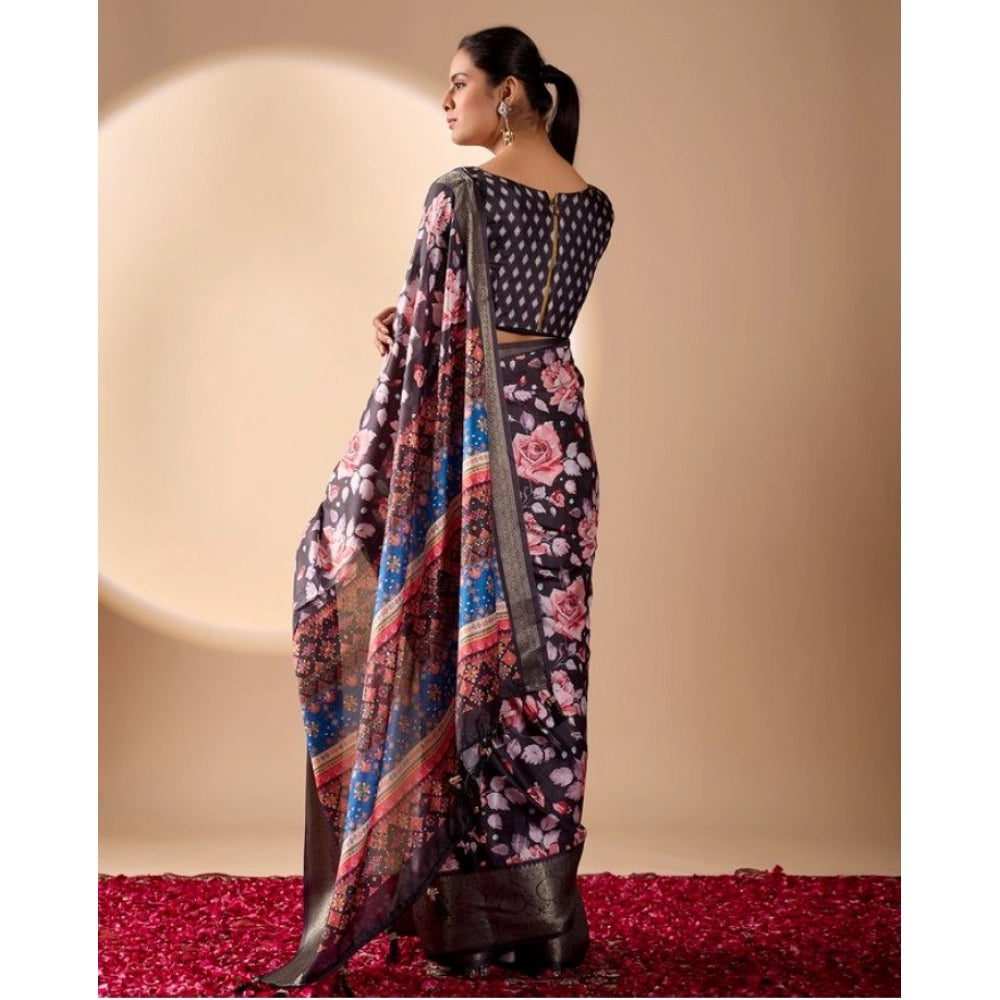 Generic Women's Faux_Silk Printed Saree With Unstitched Blouse 5.5Mtr (Blue)