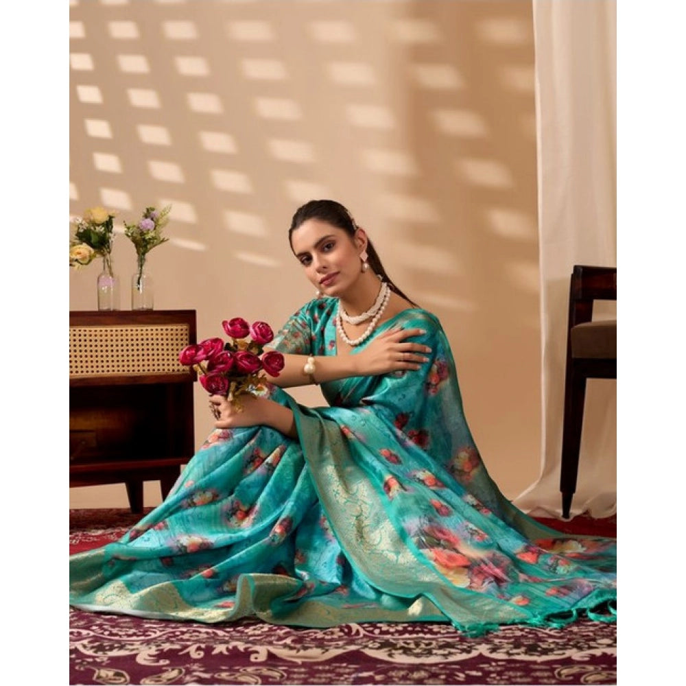 Generic Women's Faux_Silk Printed Saree With Unstitched Blouse 5.5Mtr (Aqua_Blue)