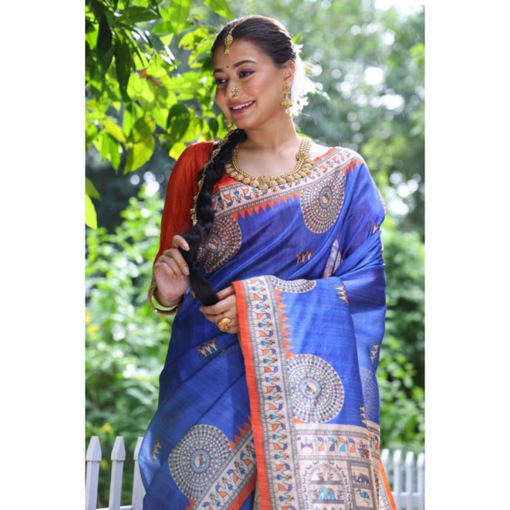 Generic Women's Faux_Tussar_Silk Printed Saree With Unstitched Blouse 5.5Mtr (Navy_Blue)