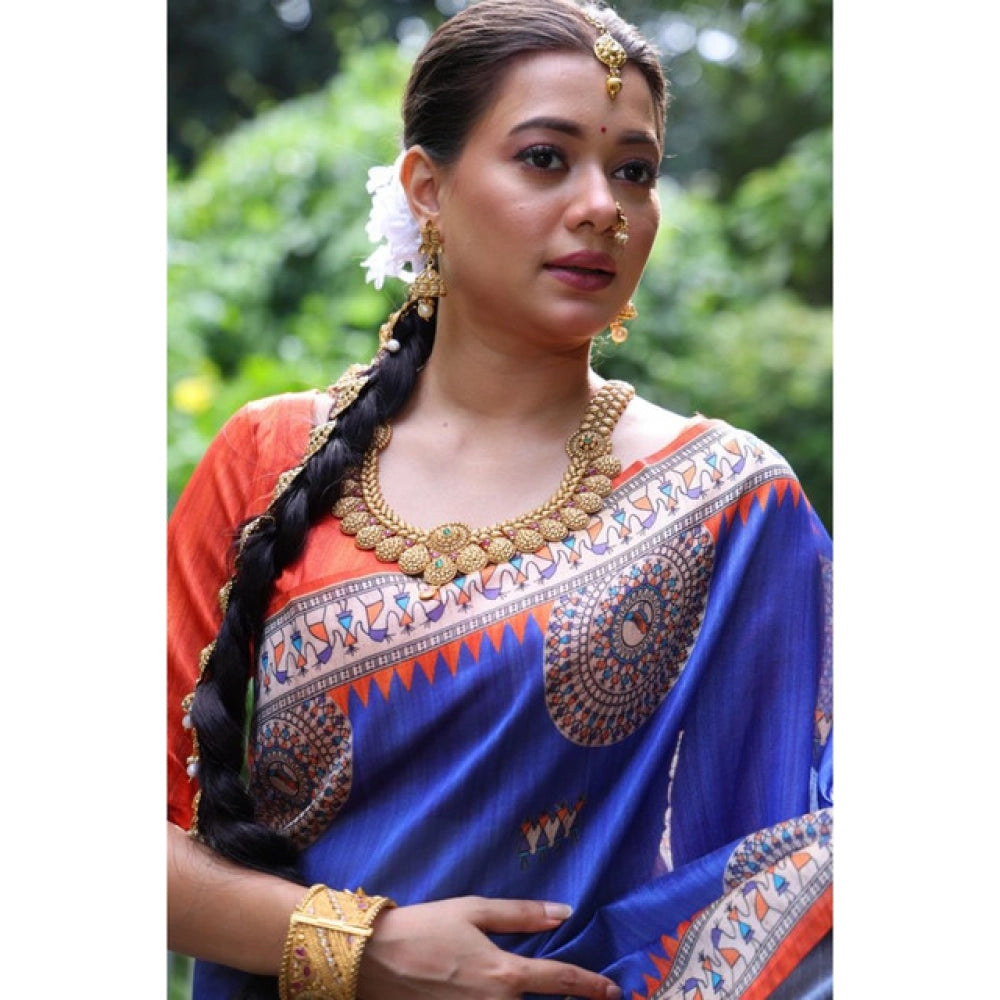 Generic Women's Faux_Tussar_Silk Printed Saree With Unstitched Blouse 5.5Mtr (Navy_Blue)