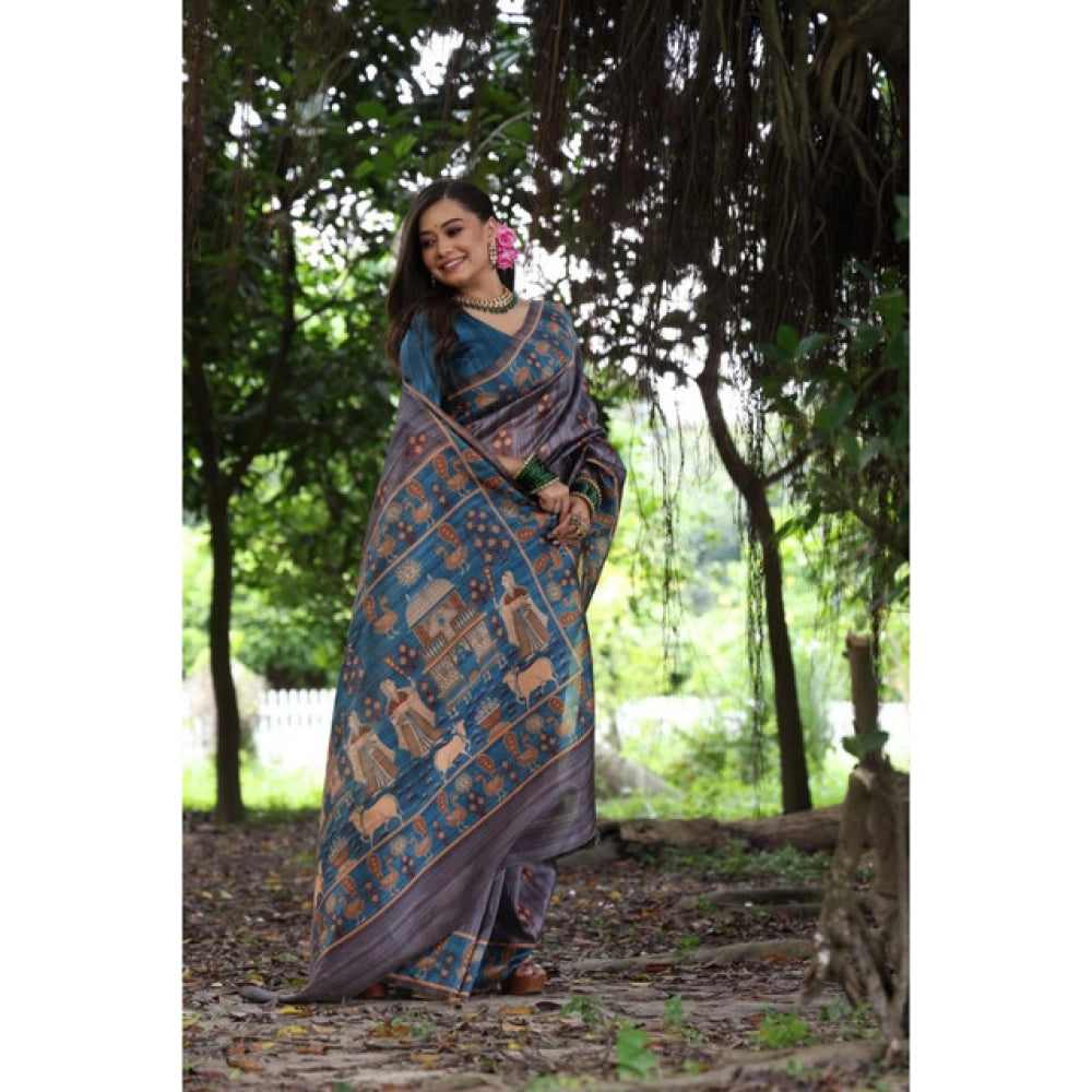 Generic Women's Faux_Tussar_Silk Printed Saree With Unstitched Blouse 5.5Mtr (Grey)