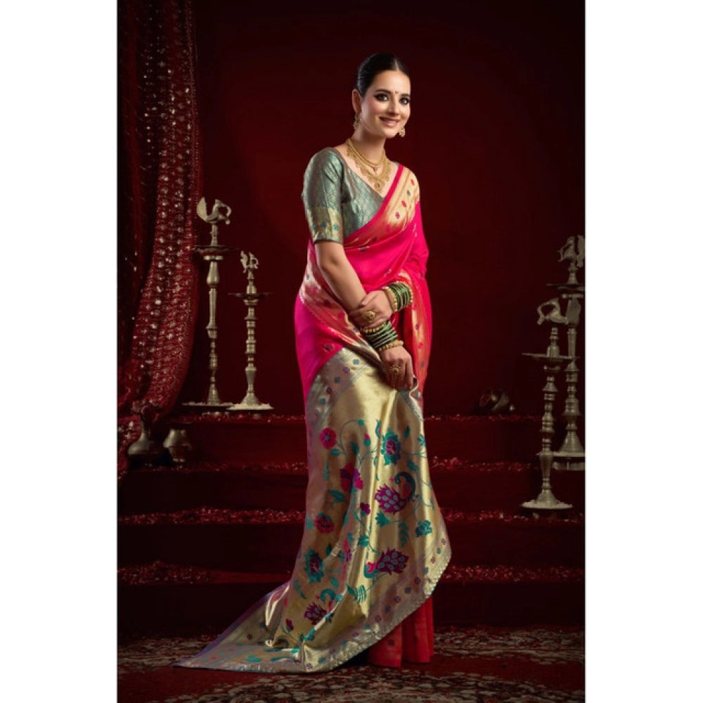 Generic Women's Silk Blend Woven Saree With Unstitched Blouse 5.5 Mtr (Pink)
