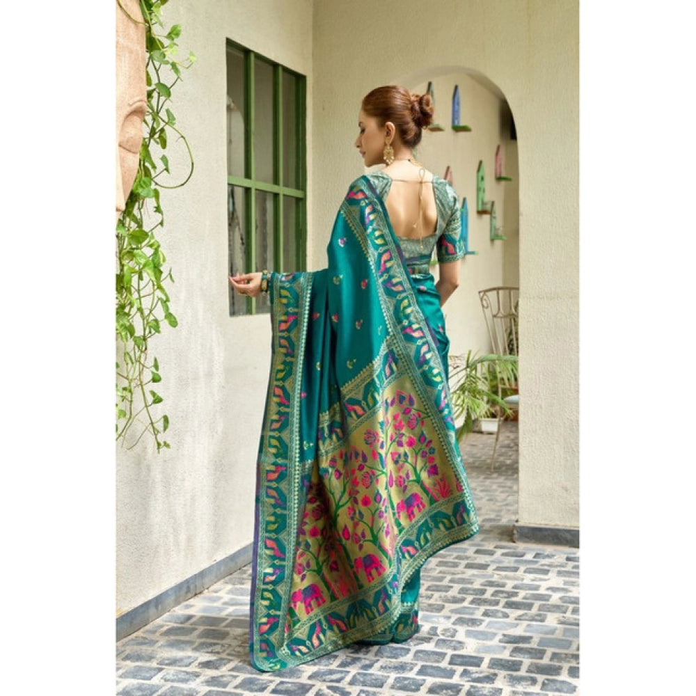 Generic Women's Silk Blend Woven Saree With Unstitched Blouse 5.5 Mtr (Teal)