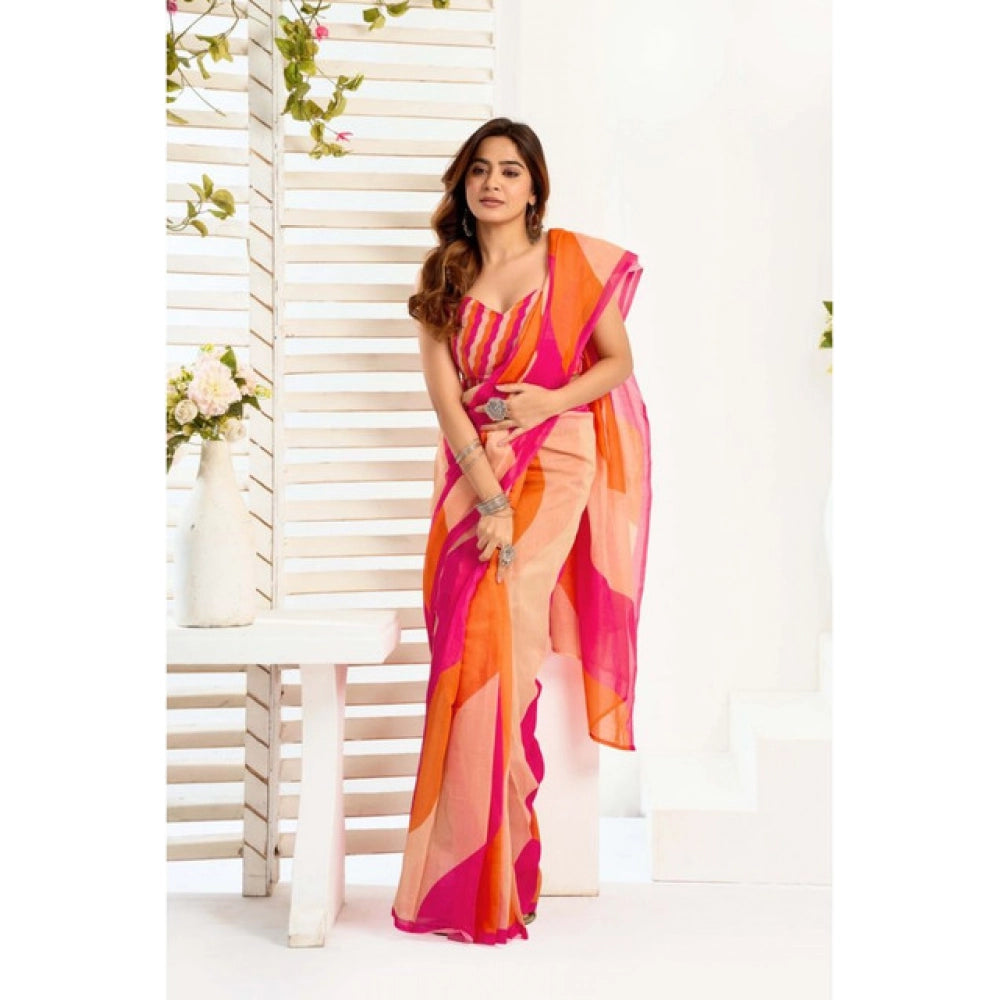 Generic Women's Linen Cotton Printed Ready To Wear Saree With Unstitched Blouse 5.5 Mtr (Multicolor)