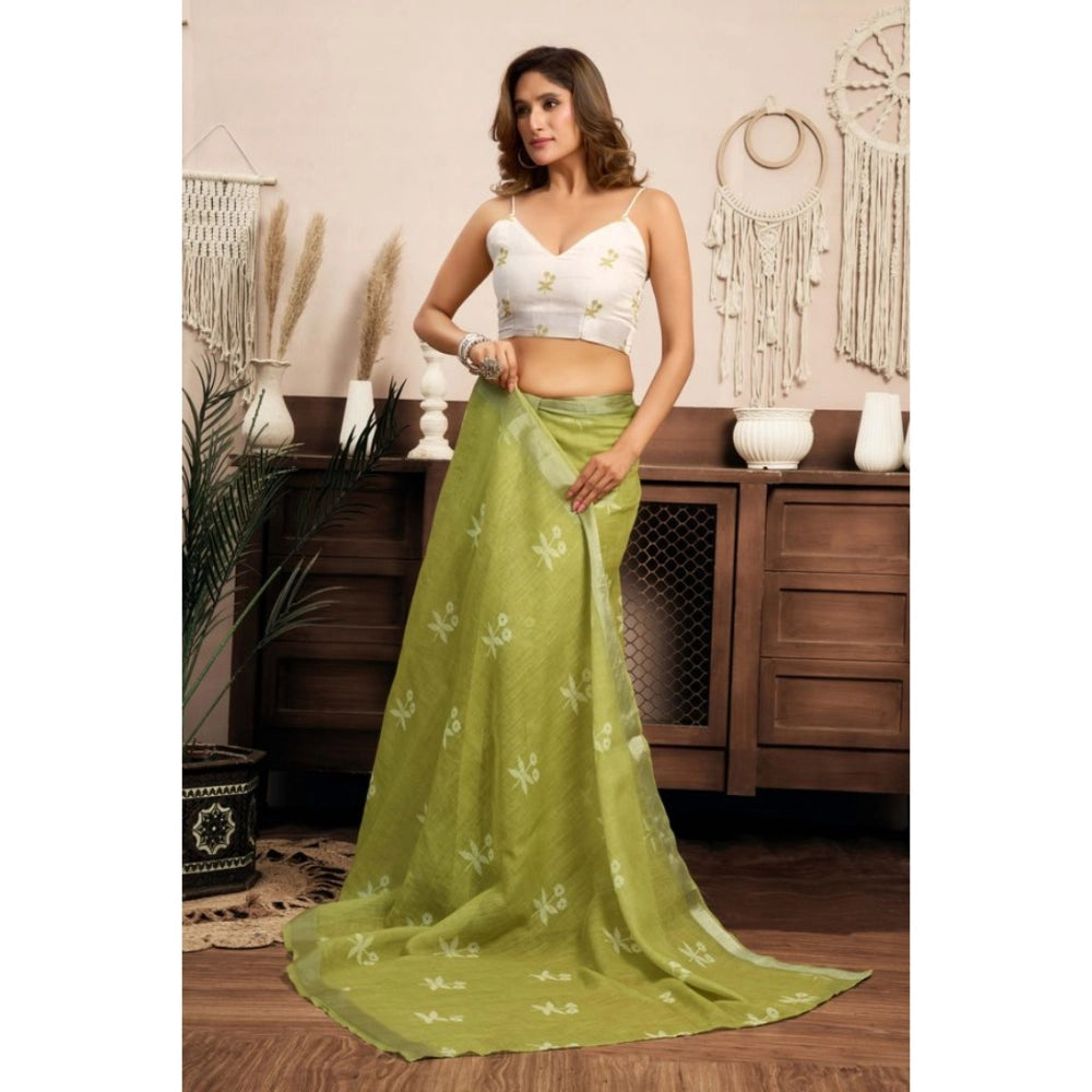 Generic Women's Linen Cotton Printed Ready To Wear Saree With Unstitched Blouse 5.5 Mtr (Light_Green)