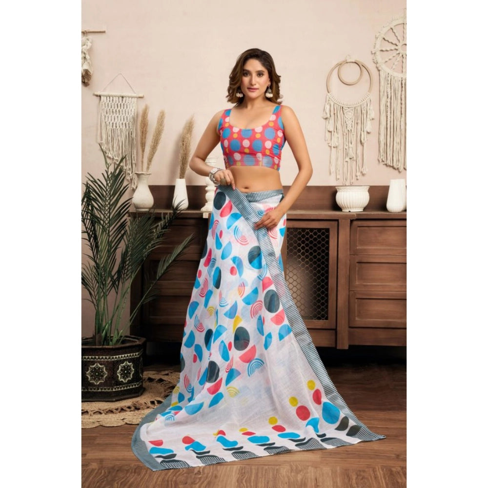 Generic Women's Linen Cotton Printed Ready To Wear Saree With Unstitched Blouse 5.5 Mtr (Multicolor)