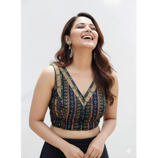 Generic Women's Cambric Cotton V Neck Padded Blouse (Navy, 38 Ready Size (Self-Alterable 36–40)