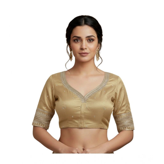 Generic Women's Vichitra Silk V Neck Padded Blouse (Beige, 38 Ready Size (Self-Alterable 36–40)