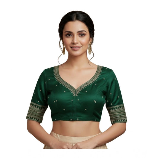 Generic Women's Vichitra Silk V Neck Padded Blouse (D-Green, 38 Ready Size (Self-Alterable 36–40)