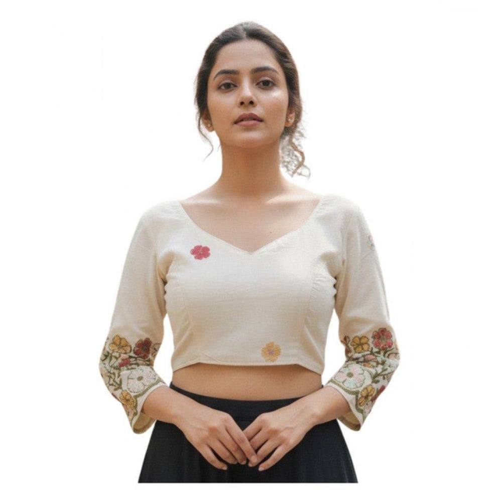 Generic Women's Cambric Cotton Round Neck Padded Blouse (White, 38 Ready Size (Self-Alterable 36–40)