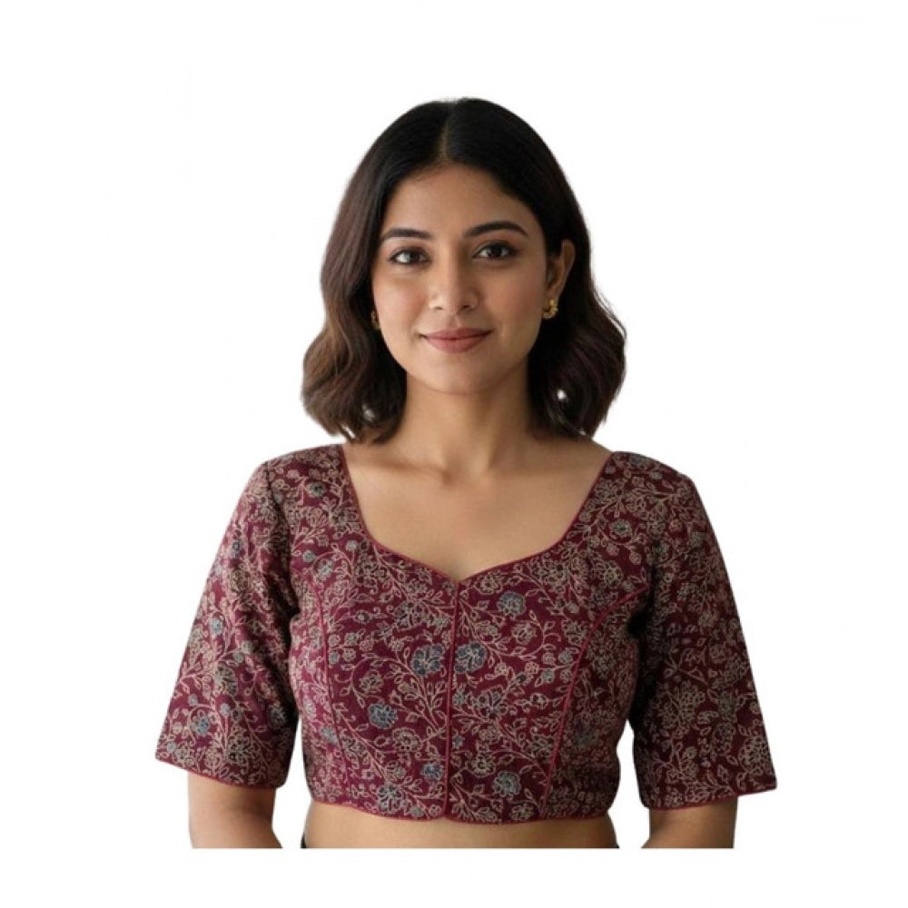 Generic Women's Ajrakh Cotton Round Neck Padded Blouse (Purple, 38 Ready Size (Self-Alterable 36–40)